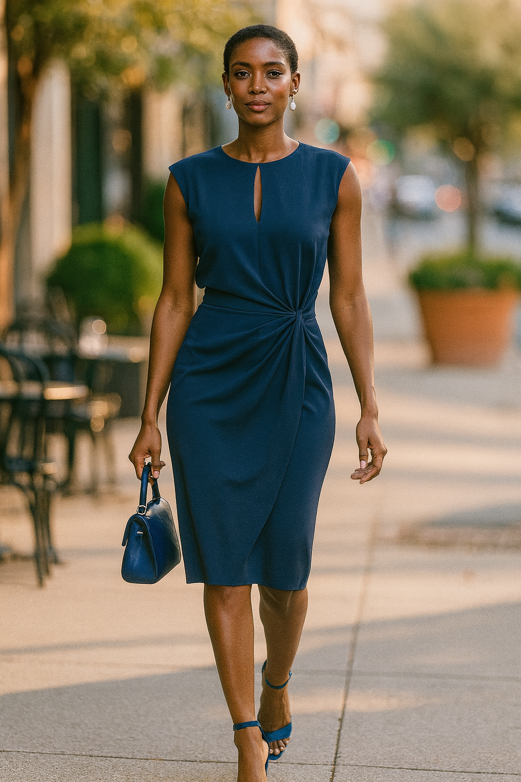 Women's Keyhole Cocktail Dress Navy Twist Waist | Sleeveless