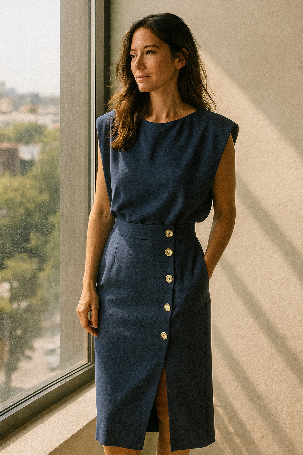 Women's Wedding Guest Dress Button Detail | Midi